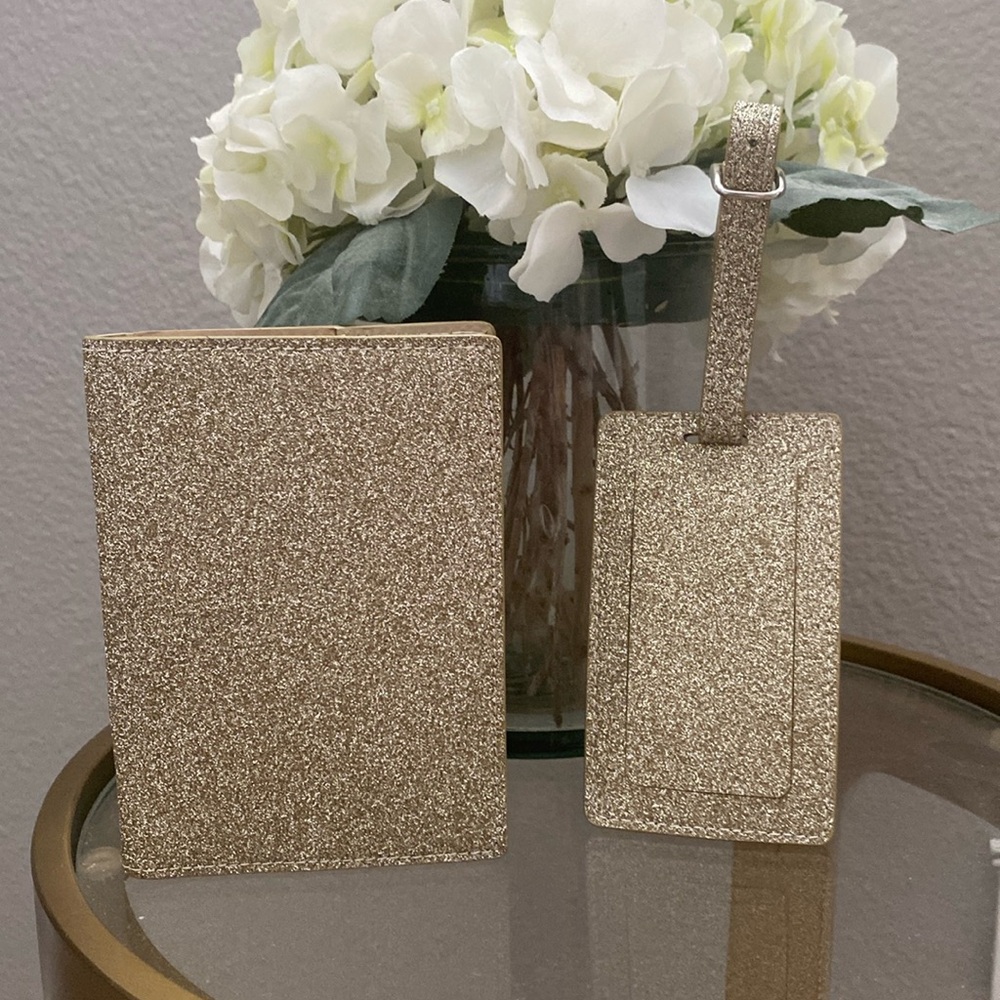 NWOT Nordstrom Champagne Gold Leather Glitter Passport wallet Luggage Tag Set